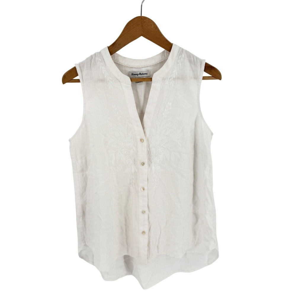 Tommy Bahama Sleeveless Linen Top White Small Embroidered Coastal Beachy Natural - Picture 1 of 6
